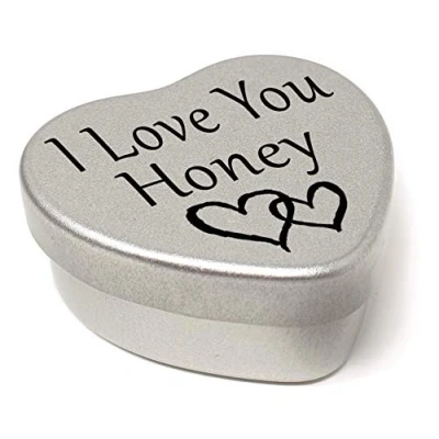 Image of Perfect Way to say I Love You. Beautiful Mini Silver Heart Gift Tin With Sweets, Present size 45mm x x20mm. (Honey)