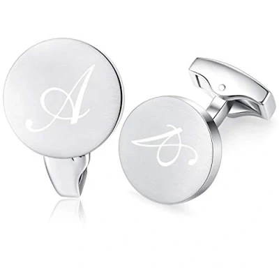 Image of HONEY BEAR Initial Alphabet Letter Cufflinks for Men, Silver Round Shape Stainless Steel Wedding Business Gifts A Z (G)
