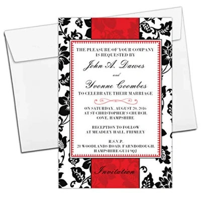 Image of 10 Personalised Floral Black and Red Wedding Invitations Invites N60 Day or Evening
