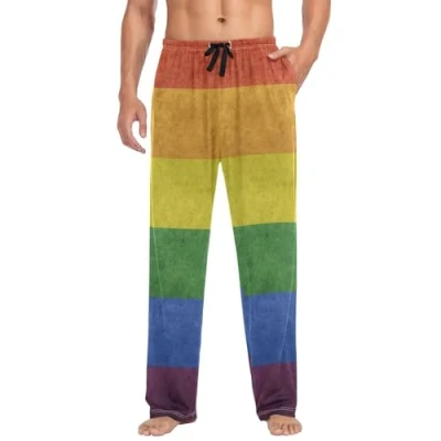Image of Mens Pyjama Bottoms Vintage Rainbow Flag LGBT Pyjamas Loungewear 100% Cotton Trouser Nightwear PJs Pants for Men Boys