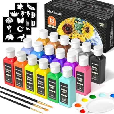 Image of Shuttle Art Fabric Paint Permanent for Clothes, 18 Colours Paints in Bottles (60ml/2oz) with Brushes, Palette, Stencils, Non Toxic Textile T Shirt, Shoes, Bag, Jeans, No Heating Need