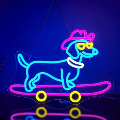 Image of Looklight Skateboard Dog Neon Sign Dachshund Signs Colorful Led with Dimmable Switch Cute Puppy Cowboy Hat Light for Bedroom Pet Shop Party Gifts Lover