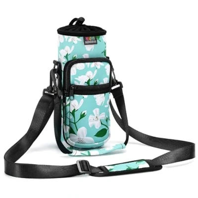 Image of Nuovoware Water Bottle Carrier Bag, 25oz/32oz Pouch Holder, Adjustable Shoulder Hand Strap 2 Pocket Sling Neoprene Sleeve Sports Accessories for Gym Hiking Travelling, Green Lily