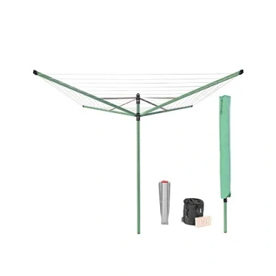Image of Brabantia Lift O Matic 50 Metres of Clothes Line Adjustable in Height UV Resistant &amp; Non Slip Lining Umbrella System with Ground Spike 45 mm, Cover Peg Bag Leaf Green ø 295 cm