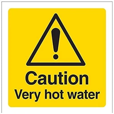 Image of VSafety Caution Very Hot Water Sign Square 100mm x Self Adhesive Vinyl