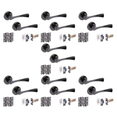 Image of HANDLEZONE® 7 Sets Zena Internal Door Handles on Rose Lever Latch Packs with Ball Bearing Hinges Black Nickel