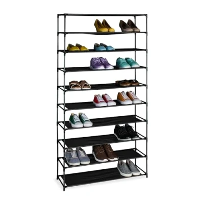 Image of Relaxdays Shoe Rack, Levels, Metal Frame, Fabric, Plug Together, Organisation, Hallway Storage, Black, Fleece, 10 tier