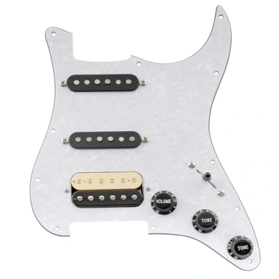 Image of Musiclily Pro Auto Split Pre wired Standard HSS Pickguard with Artec Pickups Alnico 5 Magnet for ST Style Electric Guitar, 4ply White Pearl