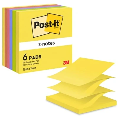 Image of Post it Z Notes Neon Rainbow Collection, Pack of 6 Pads, 100 Sheets per Pad, 76 mm x mm, Yellow, Green, Purple, Pink, Orange Colors Self stick For Note Taking, To Do Lists &amp; Reminders