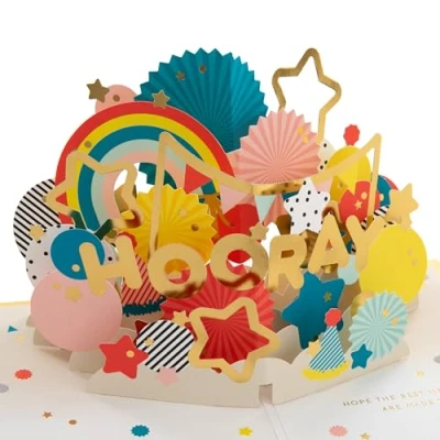 Image of Hallmark Any Occasion Card, Celebration 3D and Pop Up Birthday, Graduation, Congratulations, Stars, Balloons, Red, Blue, Gold