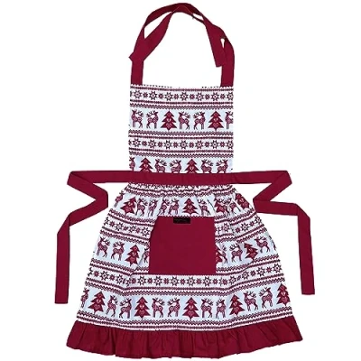 Image of Ragged Rose Christmas Apron Kids Aprons for Cooking &amp; Dishwashing Frilly with Adjustable Neck Strap, Front Pocket, Ties Nordic Red 3 7 Years Old 63 cm x 44 Cotton