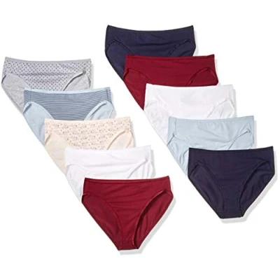 Image of Amazon Essentials Women&#039;s Cotton High Leg Brief Underwear (Available in Plus Size), Pack of 10, Dots/Floral Print/Thin Stripe, 16