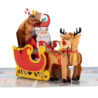 Image of Cardology Santa with Rudolf The Reindeer Christmas Card Sleigh Pop Up Cards for Kids and all family, 3D Greeting Notecard Envelope