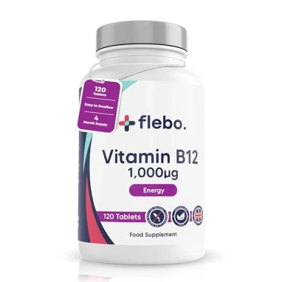 Image of Flebo Premium Vitamin B12 Tablets High Strength, Cyanocobalamin 1000mcg, 120, Vegan Supplement Made in UK to Help Reduce Tiredness and Fatigue Recommended by Doctors at Flebo.