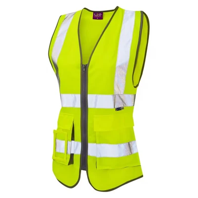 Image of Leo Workwear LYNMOUTH Hi Vis Multipocket Knitted Polyester Ladies Superior Waistcoat, XL, Yellow