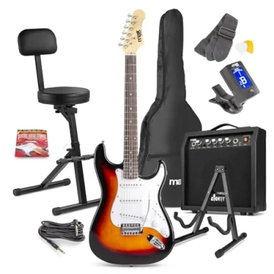 Image of MAX GigKit Beginner Electric Guitar Kit in Sunburst Finish, 40W Amp, Folding Stool, Stand &amp; Accessories Complete Starter Pack for New Players