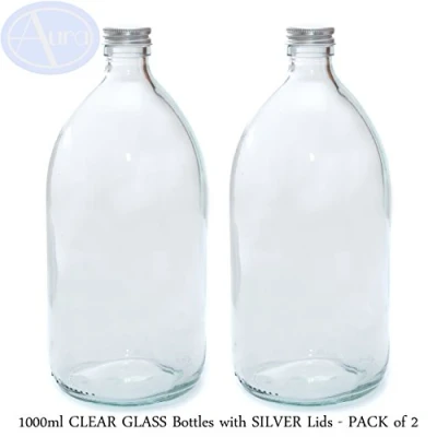 Image of Aura 1000ml CLEAR GLASS Bottles with SILVER Lids PACK of 2
