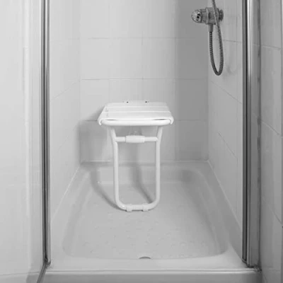 Image of Helping Hand Company Kingfisher Wall Mounted Folding Shower Seat. with Drop Down Legs for Elderly or Disabled. White Plastic Coated Steel. 100kg (15st 7lbs) Weight Limit