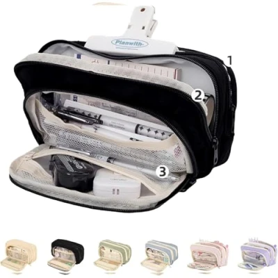 Image of Big Capacity Pencil Case, 3 Compartments Large Pouch, Simple Holder Pouch Organizer Pen Cases, Bag Box (Black)