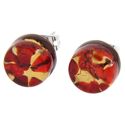Image of GlassOfVenice Murano Glass Venetian Reflections Round Stud Earrings Red Gold