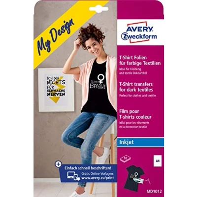 Image of AVERY Zweckform MD1012 10 Textile Films, Design Your Own T Shirt Print (Iron On Film, Coloured Textiles, DIN A4, Printable Film for Iron on, Transfer Inkjet Printers)