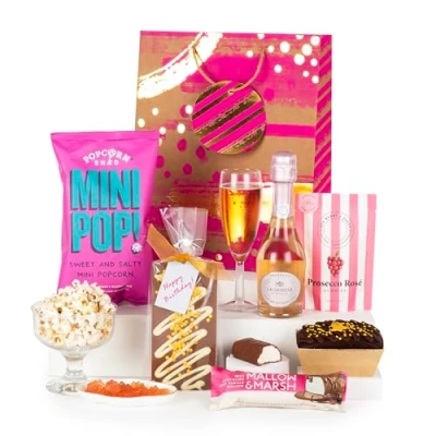 Image of Virginia Hayward Hamper, Birthday Bliss Hampers &amp; Gourmet Gifts, Celebrate with Mini Chocolate Cake and Candle Yummy Snacks, Treats Prosecco Delicious Gifts for Women Men