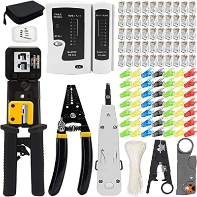 Image of MAYLINE Crimp Kit Network Tool Set for RJ45 RJ11/RJ12 Pass Through Ethernet Crimper CAT5/CAT6 Crimping Cutter, Punch Down LAN Wire Stripper(Grey)