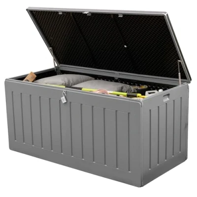 Image of Olsen &amp; Smith 830L Large Garden Storage Box Weatherproof Heavy Duty Tool with Padlock and Wood Effect Massive Capacity Outdoor Shed for Bins, Tools, Cushions (Anthracite)