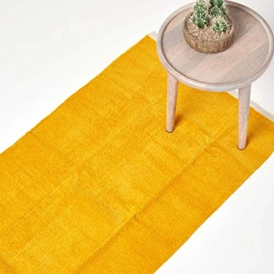 Image of HOMESCAPES Mustard Yellow Hallway Rug 100% Cotton Plain Modern Reversible Chenille Floor Mat with Natural Colour Trim Anti Shedding Soft Touch Washable, Runner, 66 x 200 cm (26&quot; 79&quot;)