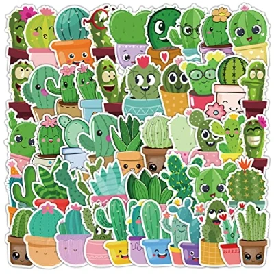 Image of 50Pcs Cactus Stickers Laptop Car Scrapbook Phone Skateboard Suitcase Luggage Bike Green Plants Vinyl Waterproof Aesthetic Personalised for Teens Boys Girls Adults Children