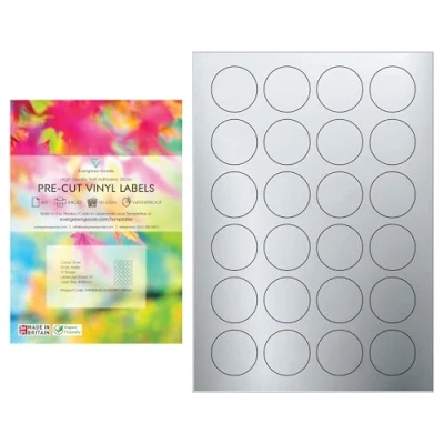 Image of Evergreen Goods™ A4 Round Precut Sticker Labels Waterproof Matte Silver 40mm (24 per Sheet, 240 in Total) 10 Sheets Inkjet Laser Printable Sticky Back Self Adhesive Circular Circle Vinyl