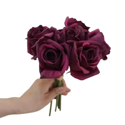 Image of CURTEK 6 pcs Artificial Rose Flowers Real Touch Silk 10.2 inch Single Stem Roses for Bridal Bouquets DIY Arrangement Bouquet Wedding Party Home Garden Decor,Deep Purple