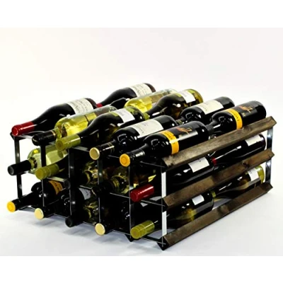 Image of Double Depth 30 Bottle Dark Oak Stained Wood and galvanised Metal Wine Rack Ready Assembled