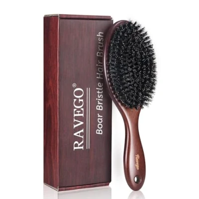 Image of RAVEGO Hair Brush, Boar Bristle Brush for Women, Men, Children Detangling &amp; Styling, Natural Thin, Fine Hair, Stiff Bristles