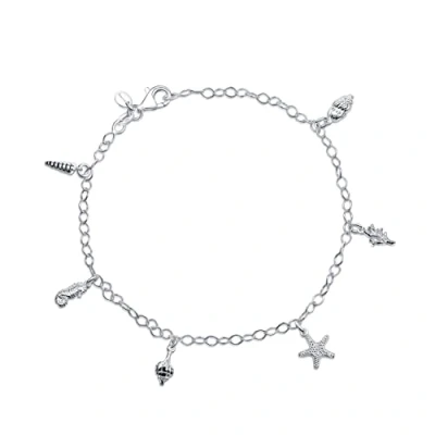 Image of Amberta Women 925 Sterling Silver Anklet with Charms: Ankle Bracelet Marine Shells 25 cm