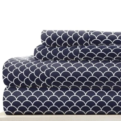 Image of Linen Market 4 Piece Sheet Set Patterned, Queen, Scallop Navy