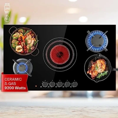 Image of Klarstein Gas Cooker, 5 Burners Hob, 9.2 kW Built in Five Ring Electric Ceramic Campervan Cooktops Cookers, Stainless Steel Glass Top Wok Burner, Kitchen Stoves Cooker