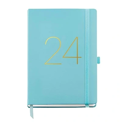Image of Miquelrius Annual Planner 2024, Week to View, Plus Size 155 x 213 mm (similar A5), Stitched Leather Hard Cover, Elastic Rubber, Spanish, English and Portuguese, Aquamarine