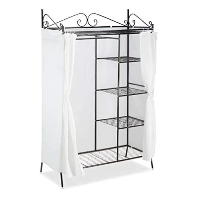 Image of Relaxdays Country Metal Wardrobe 172 x 105 45 cm, Cottage Style, Armoire Closet with Cloth Cover, Black, White, 45x105x172 cm