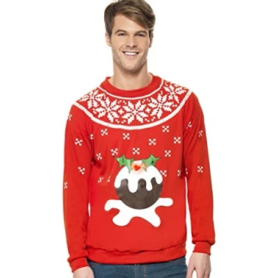 Image of Smiffys Men&#039;s Christmas Pudding Light Up Sweater, LED Light, Size: M, Colour: Red, 33804