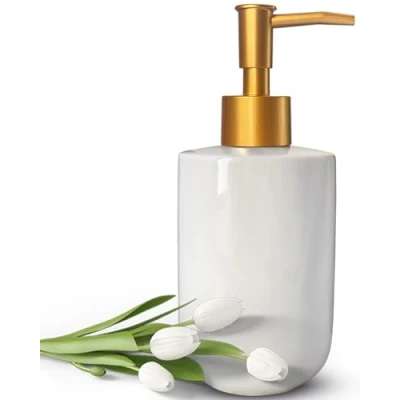 Image of Liquid Soap Dispenser for Bathroom with Gold Pump，Dish Kitchen Sink，Refillable Countertop Lotion Ceramics White Hand Shower 420ml (Cylindrical Bottle)