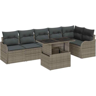Image of vidaXL 7 Piece Garden Sofa Set with Cushions Grey Poly Rattan