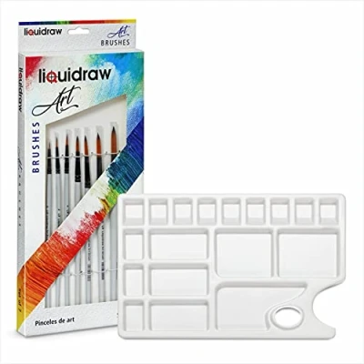 Image of Liquidraw 25 Well Paint Palette &amp; Brushes Set Combo Extra Large Mixing Painting For Acrylic, Oil Watercolour