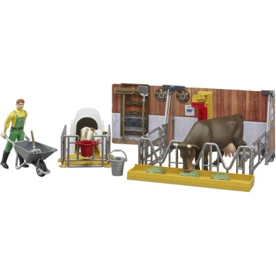 Image of Bruder Tiere 62611 Bworld Cow and Calf Hutch with Farmer &amp; Accessories 1:16 Agriculture Farm Stable Bull Animals Toy, Multicoloured