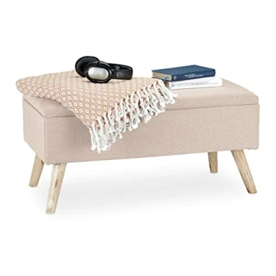 Image of Relaxdays Hallway Storage Bench, Padded, Wooden Legs, Fabric Cover, HxWxD: 39.5 x 79.5 cm, Beige