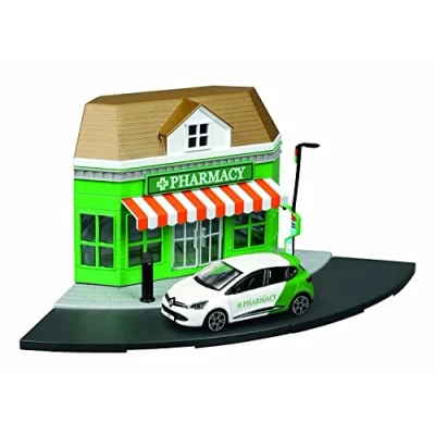 Image of Bburago STREET FIRE CITY PHARMACY Playset with Renault Clio Die Cast Car 1:43 Scale