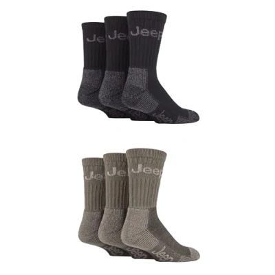 Image of Jeep Mens Cotton Boot Socks Luxury Terrain Calf Length Plain with Logo,Ribbed, Cushioned &amp; Chunky for Walking, Hiking, Trekking the Outdoors Size 6 11 Pair Multipack Black/Sand