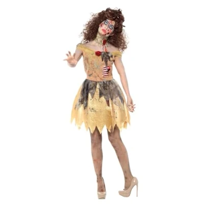 Image of Smiffys Zombie Golden Fairytale Costume, Yellow with Dress, Attached Latex Ribs, Headband &amp; Choker, Halloween Alley Fancy Storybook Character Dress Up Costumes