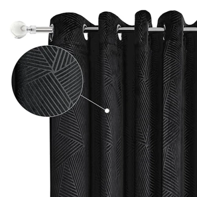 Image of Emma Barclay Midnight Embossed Velvet Woven Thermal Blackout Eyelet Curtains (Black, Width 66 x Drop 90&quot; (168 228cm))