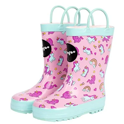 Image of Fringoo Girls Welly Size 6 UK Child Rubber Pastel Blue Accents Multicolour Unicorn &amp; Rainbow Design Kids Rain Boots